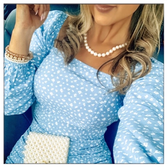 SOLD-Bianca Puff long sleeve Double Ruched blue dress - Picture 3 of 8